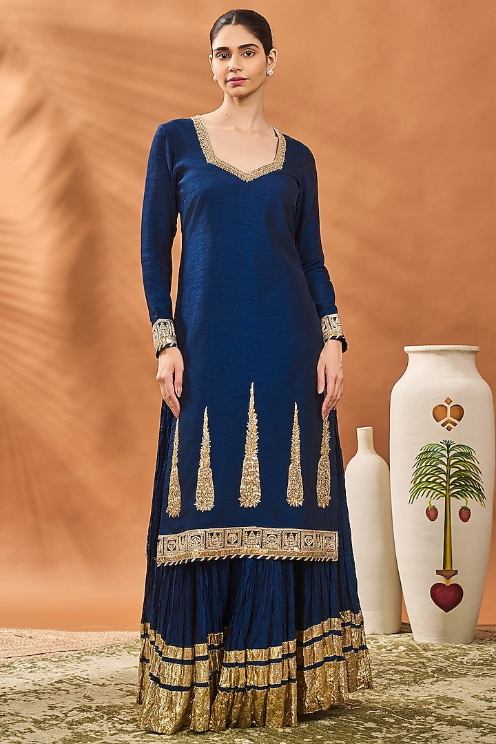 Navy Blue Raw Silk Gold Embellished Kurta Set by Masaba at Pernia's Pop Up Shop