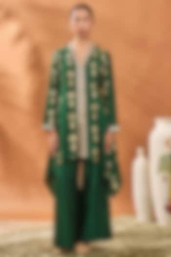 Green Raw Silk Foil Printed & Embroidered Tunic Set by Masaba at Pernia's Pop Up Shop