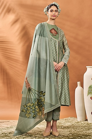 Sage Green Chanderi Embellished Angrakha-Style Kurta Set by Masaba