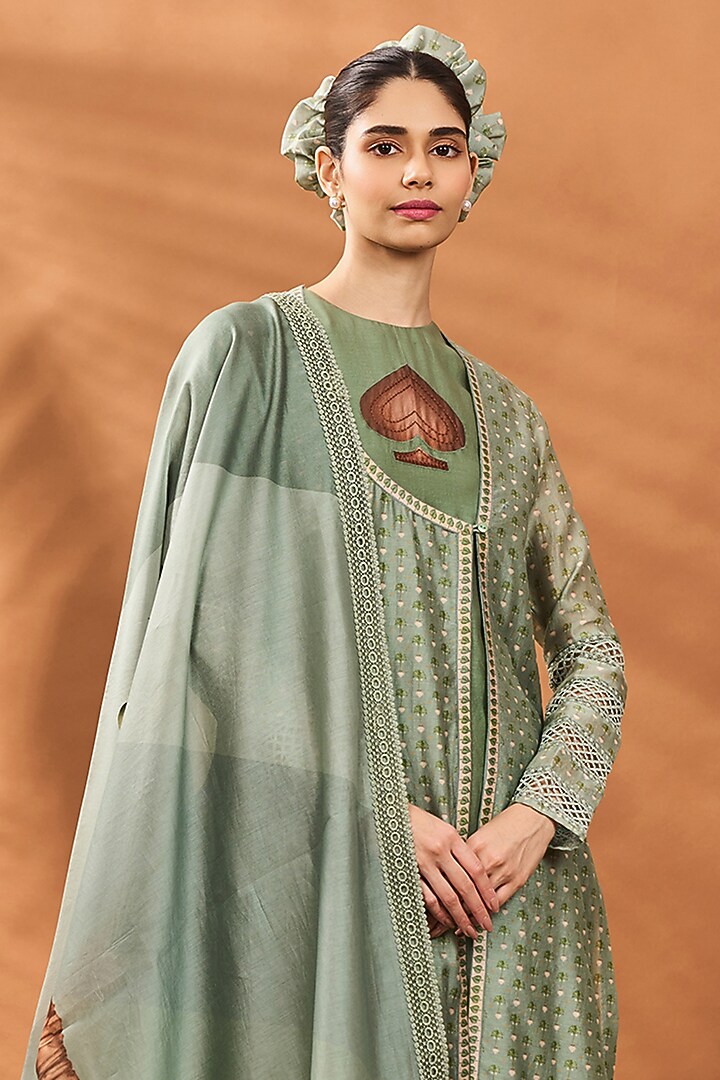Sage Green Chanderi Embellished Angrakha-Style Kurta Set by Masaba at Pernia's Pop Up Shop