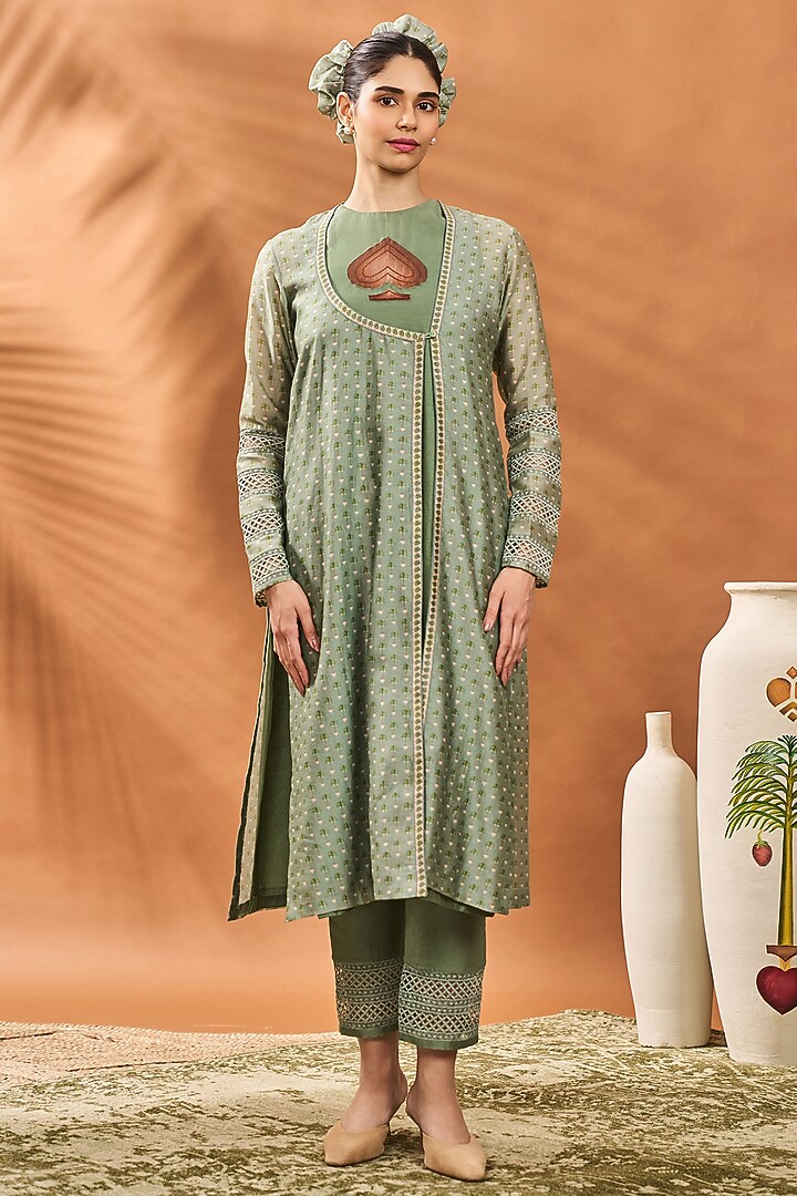 Sage Green Chanderi Embellished Angrakha-Style Kurta Set by Masaba at Pernia's Pop Up Shop