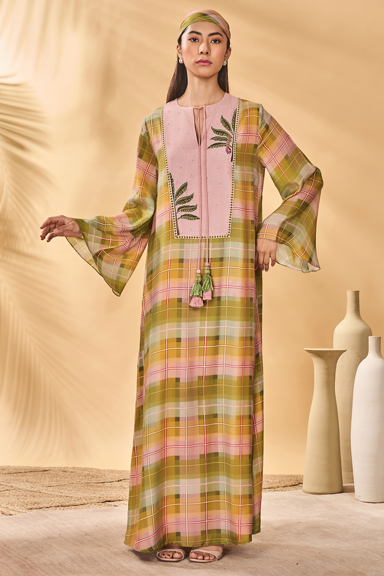 Multi-Colored Mul Silk Embroidered Checkered Kaftan by Masaba at Pernia's Pop Up Shop