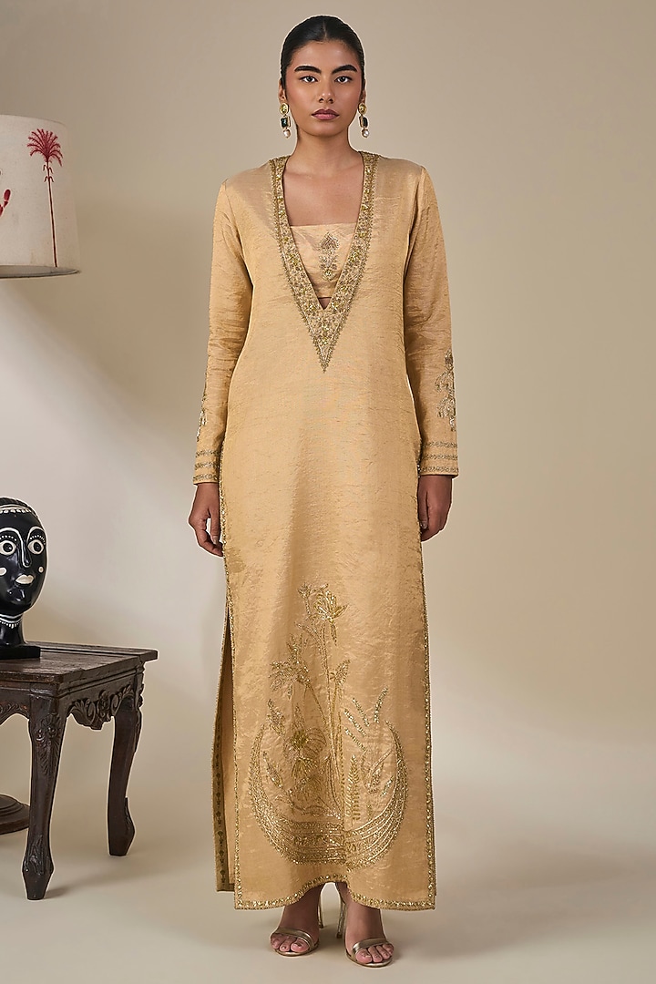 Golden Tissue Silk Chand Motif Embroidered Straight Kurta Set by Masaba at Pernia's Pop Up Shop