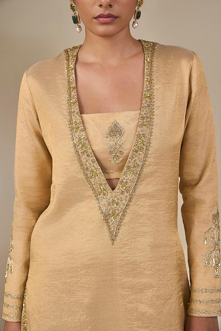 Golden Tissue Silk Chand Motif Embroidered Straight Kurta Set by Masaba at Pernia's Pop Up Shop
