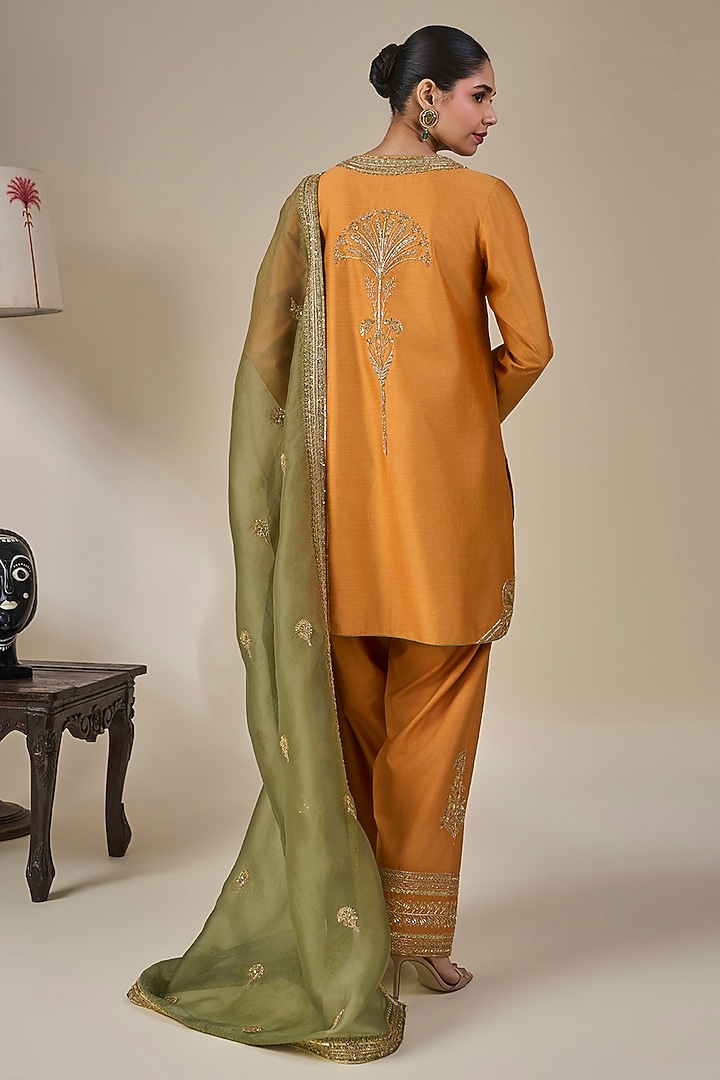 Rust Silk Patchwork High-Low Kurta Set by Masaba at Pernia's Pop Up Shop