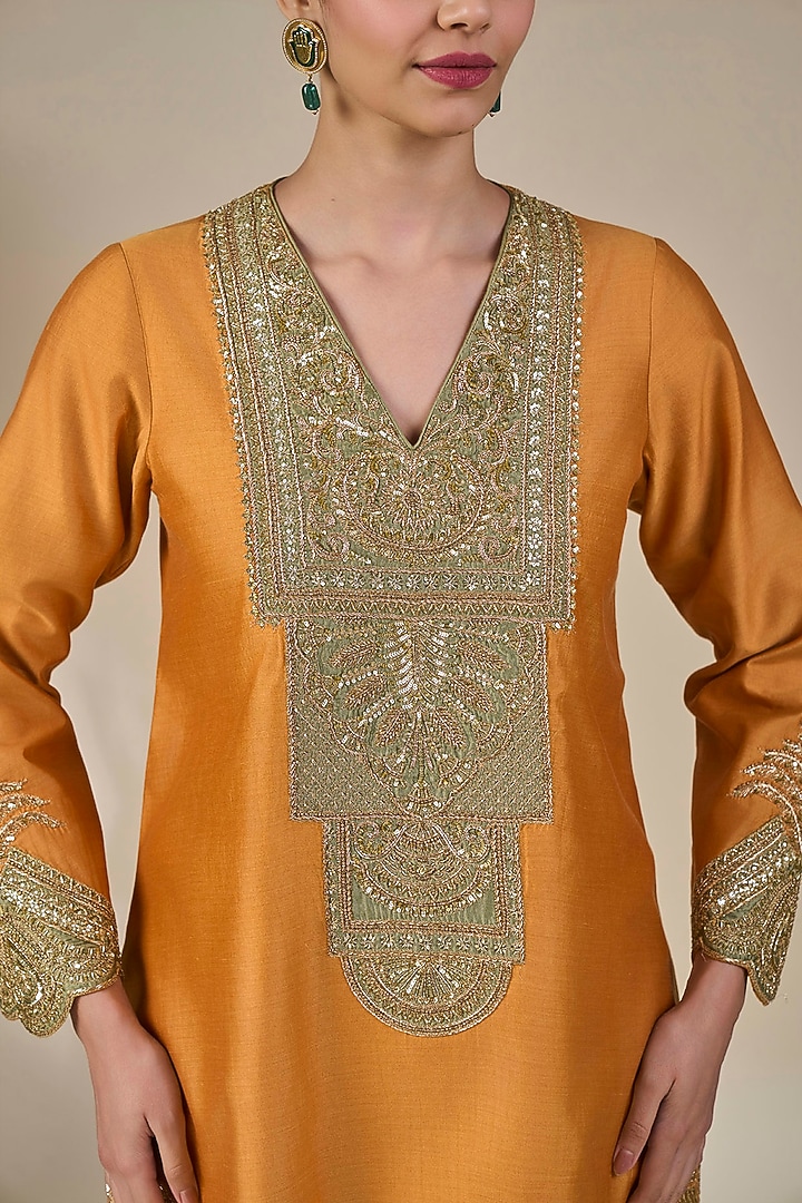 Rust Silk Patchwork High-Low Kurta Set by Masaba at Pernia's Pop Up Shop