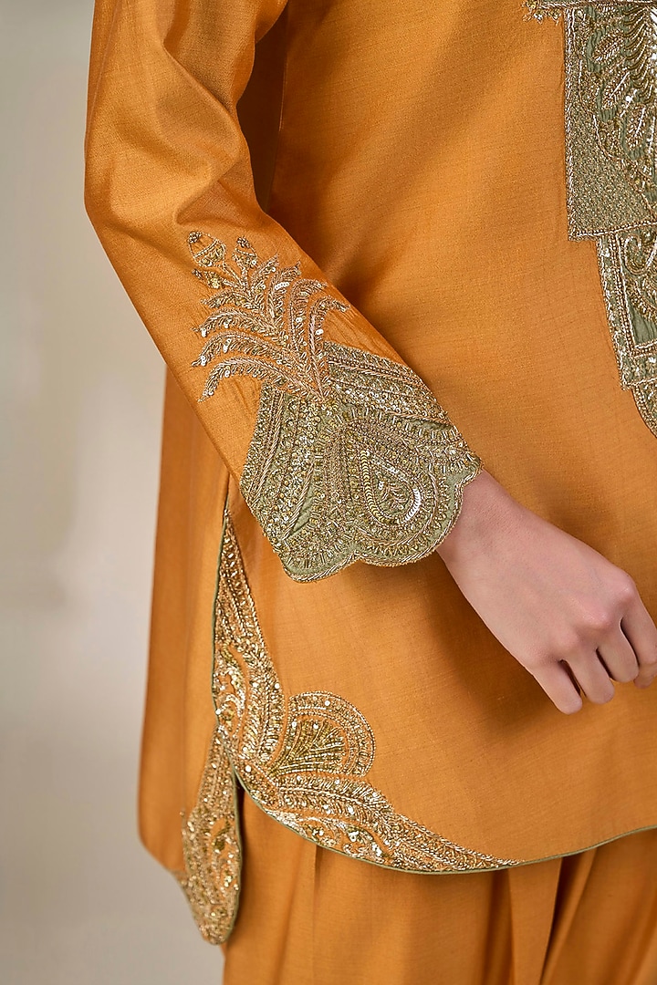 Rust Silk Patchwork High-Low Kurta Set by Masaba at Pernia's Pop Up Shop