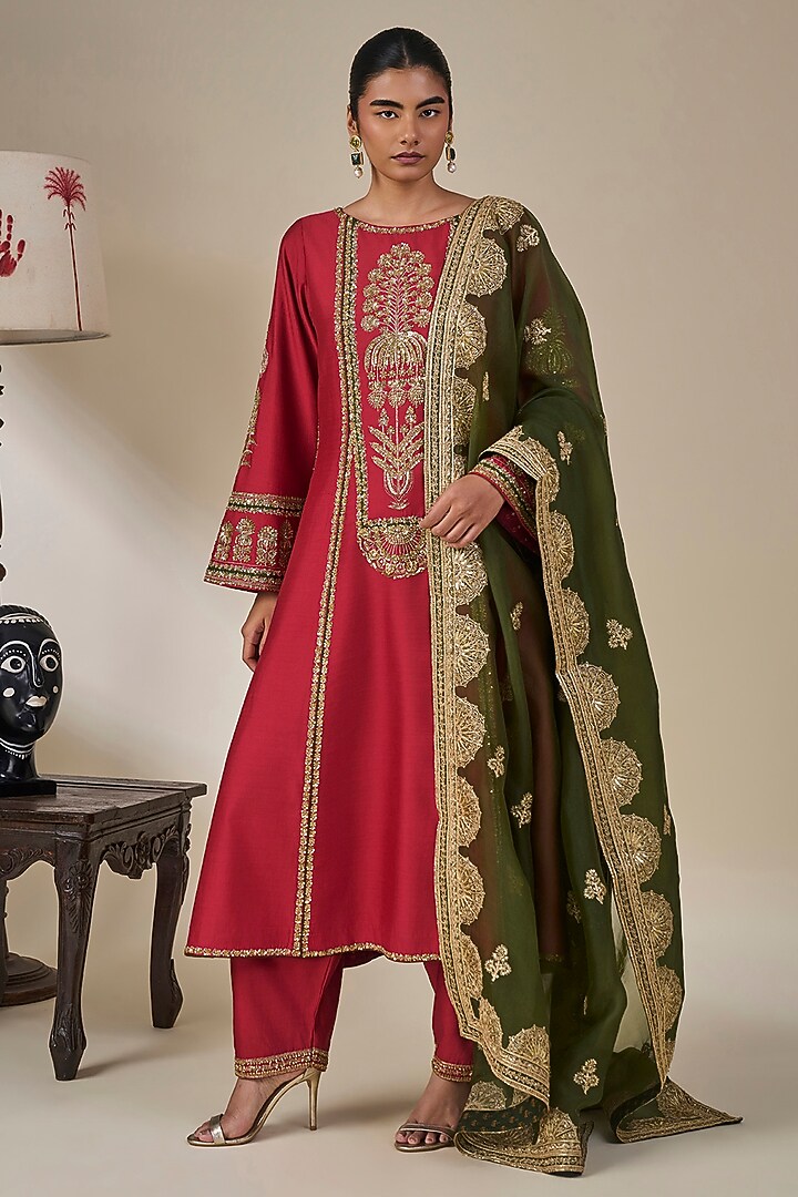 Red Silk Patchwork Kurta Set by Masaba at Pernia's Pop Up Shop
