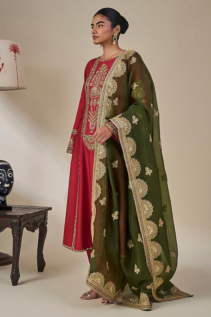 Red Silk Patchwork Kurta Set by Masaba at Pernia's Pop Up Shop