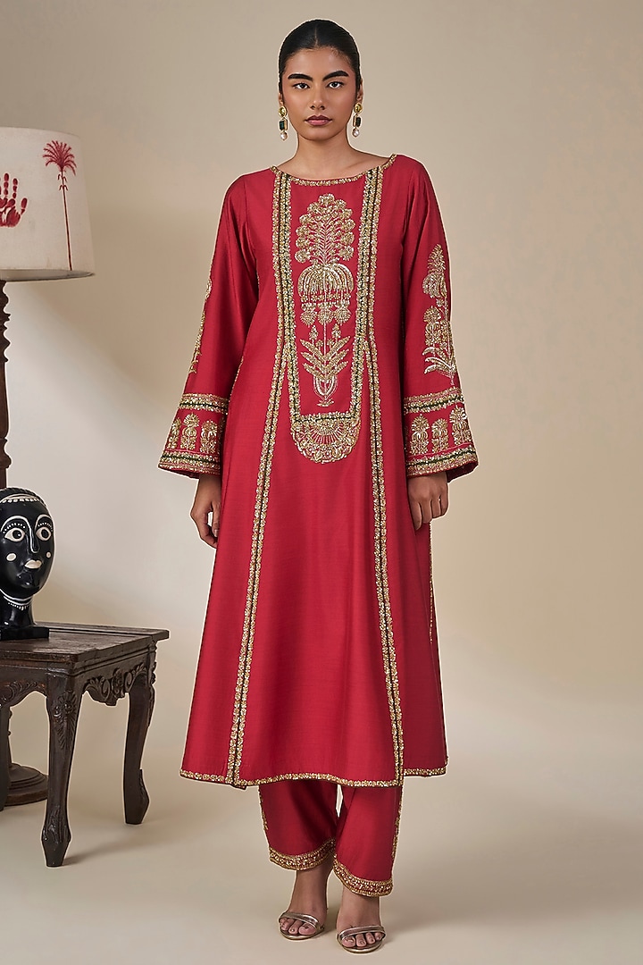 Red Silk Patchwork Kurta Set by Masaba at Pernia's Pop Up Shop