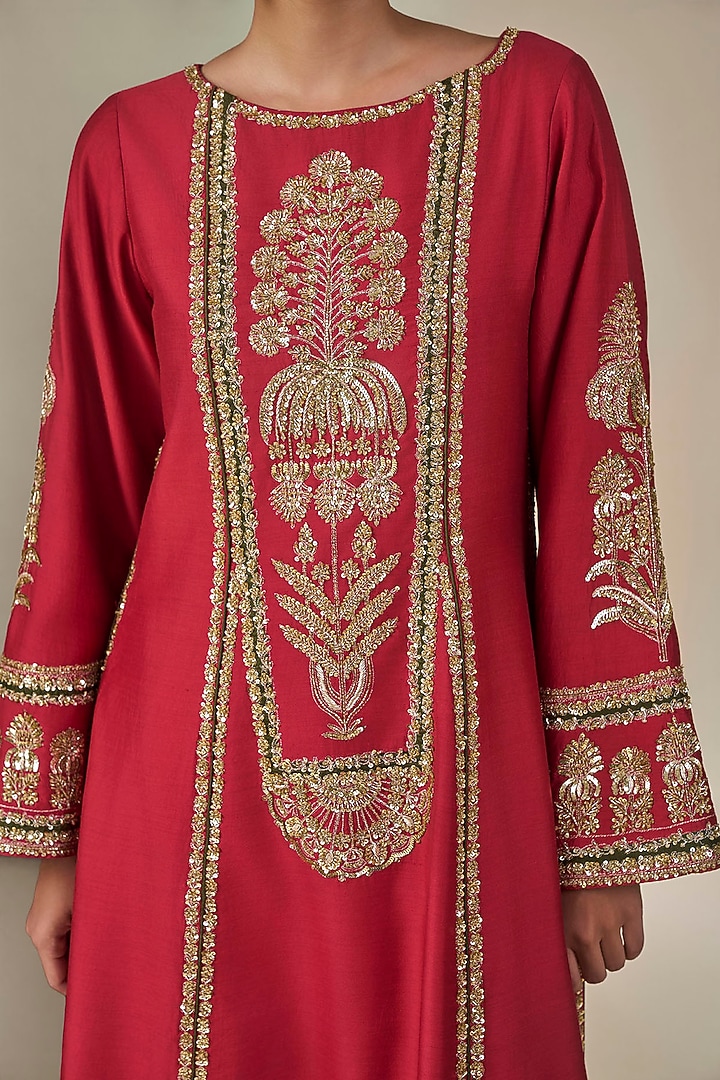 Red Silk Patchwork Kurta Set by Masaba at Pernia's Pop Up Shop