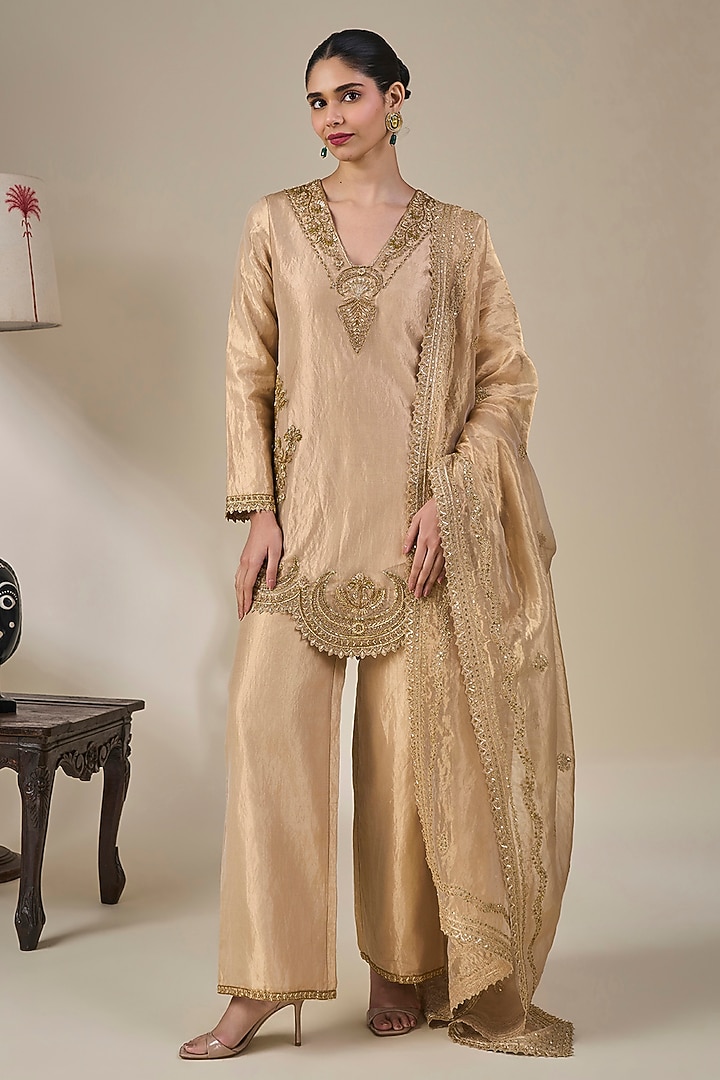 Golden Tissue Silk Chand Pankh Motif Kurta Set by Masaba at Pernia's Pop Up Shop