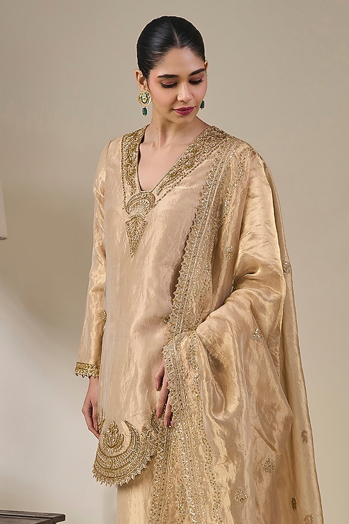 Golden Tissue Silk Chand Pankh Motif Kurta Set by Masaba at Pernia's Pop Up Shop