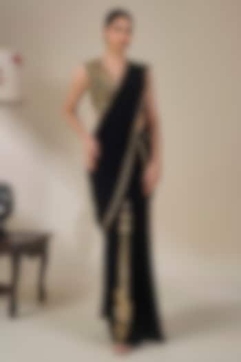 Black Heavy Crepe Patchwork Pre-Stitched Reception Saree Set by Masaba at Pernia's Pop Up Shop