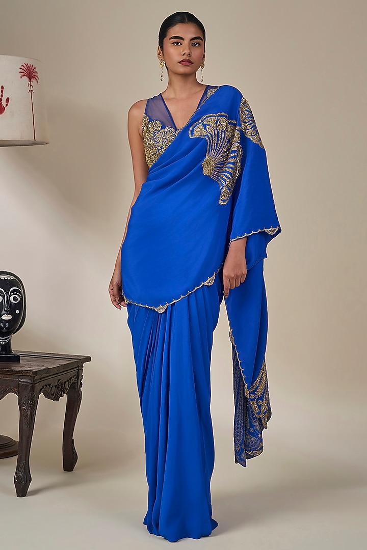 Blue Crepe Pankh Motifs Pre-Stitched Reception Saree Set by Masaba at Pernia's Pop Up Shop