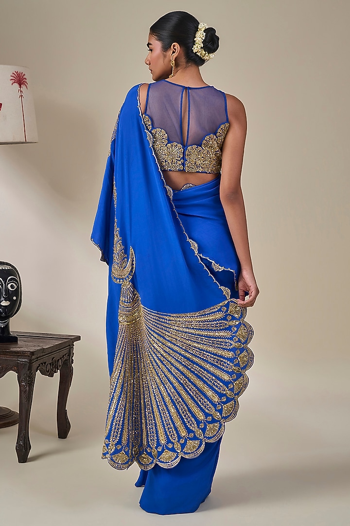 Blue Crepe Pankh Motifs Pre-Stitched Reception Saree Set by Masaba at Pernia's Pop Up Shop