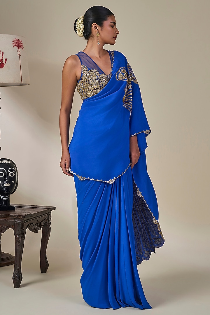 Blue Crepe Pankh Motifs Pre-Stitched Reception Saree Set by Masaba at Pernia's Pop Up Shop