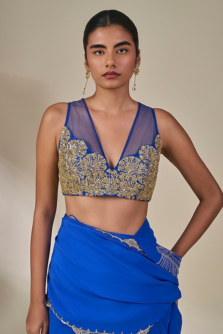 Blue Crepe Pankh Motifs Pre-Stitched Reception Saree Set by Masaba at Pernia's Pop Up Shop