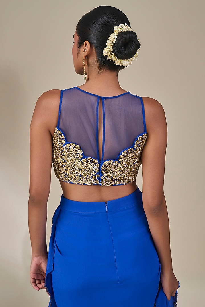 Blue Crepe Pankh Motifs Pre-Stitched Reception Saree Set by Masaba at Pernia's Pop Up Shop