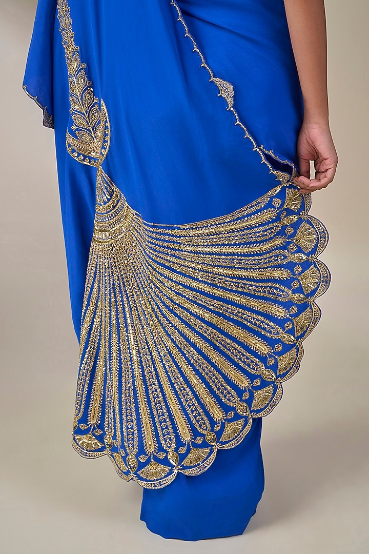 Blue Crepe Pankh Motifs Pre-Stitched Reception Saree Set by Masaba at Pernia's Pop Up Shop