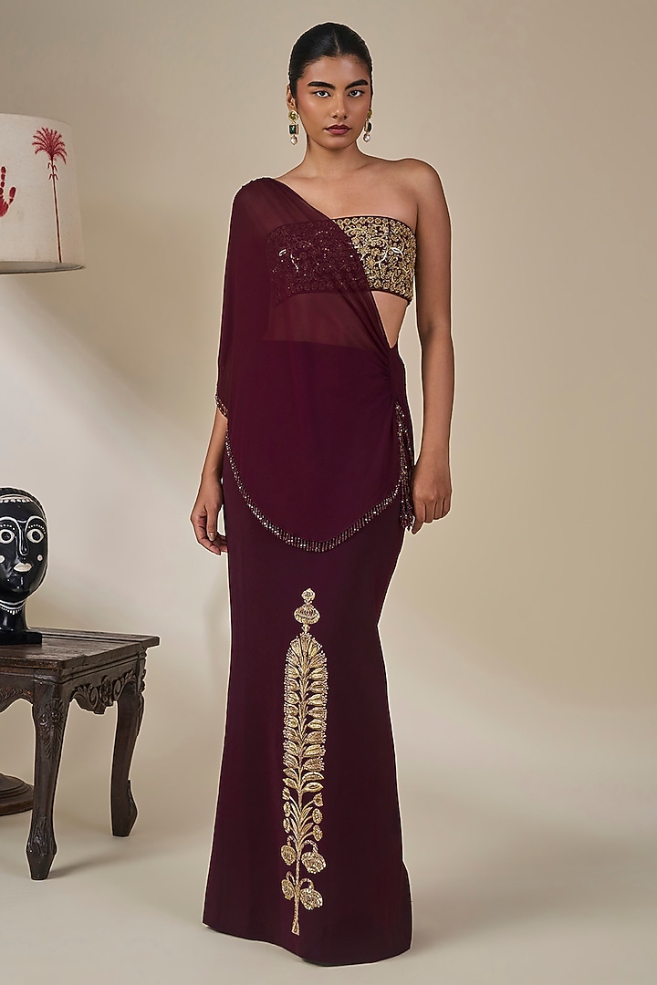 Plum Heavy Crepe Draped Skirt Set by Masaba at Pernia's Pop Up Shop