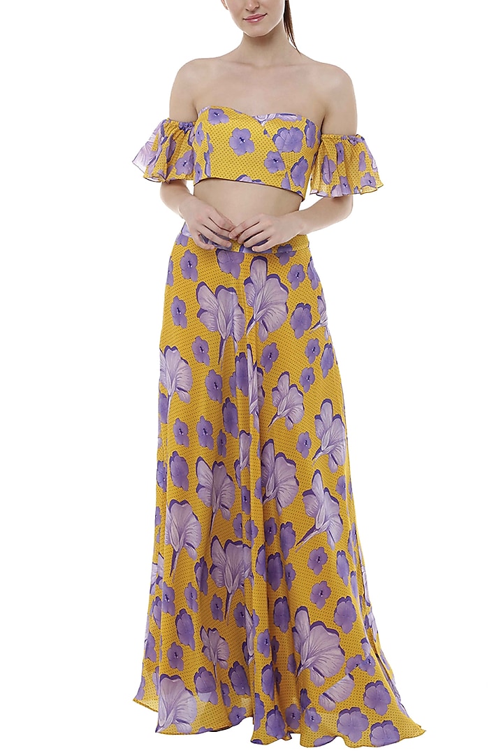 Yellow Bumblebee Crayon Flower Printed Lehenga Skirt With Off Shoulder Blouse by Masaba