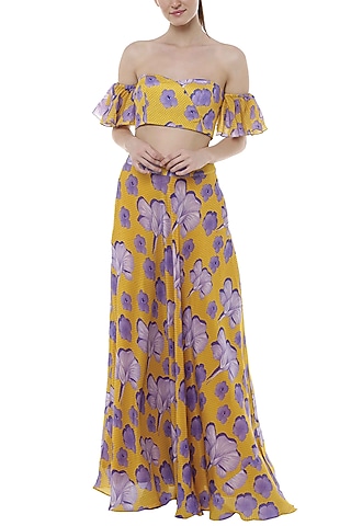 Yellow Bumblebee Crayon Flower Printed Lehenga Skirt With Off Shoulder Blouse by Masaba