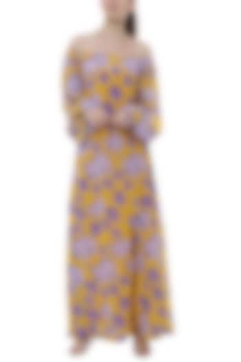 Yellow Bumblebee Crayon Flower Printed Off Shoulder Maxi Dress by Masaba