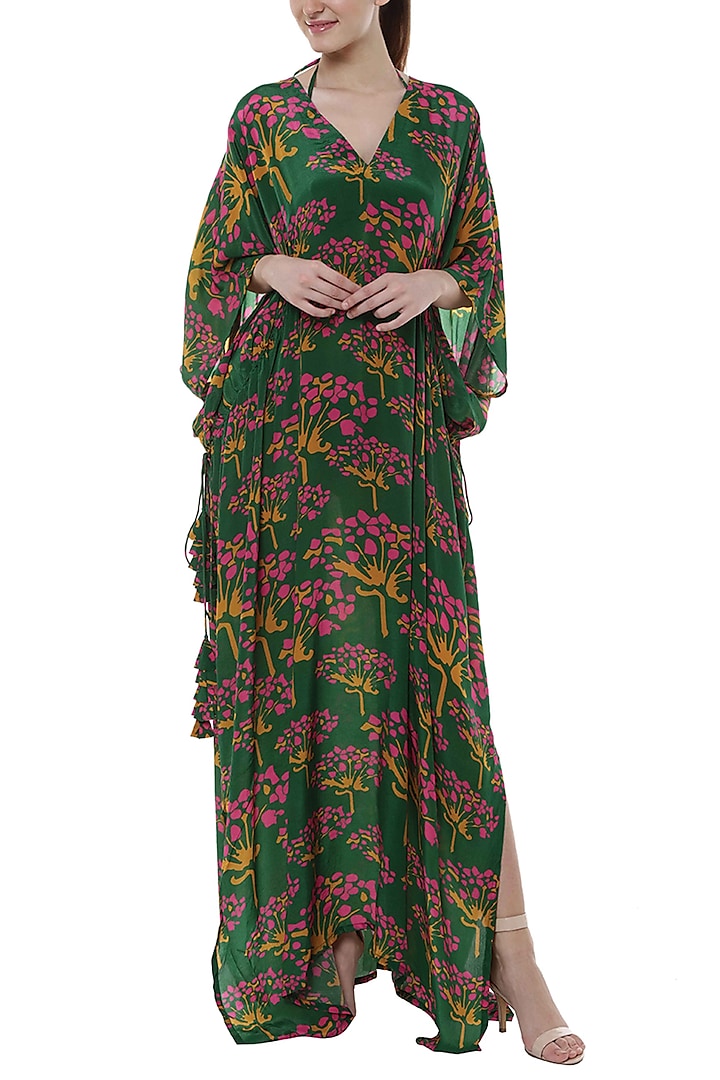 Green Basil Butterfly Bush Printed Kaftan With Bikini by Masaba at Pernia's Pop Up Shop