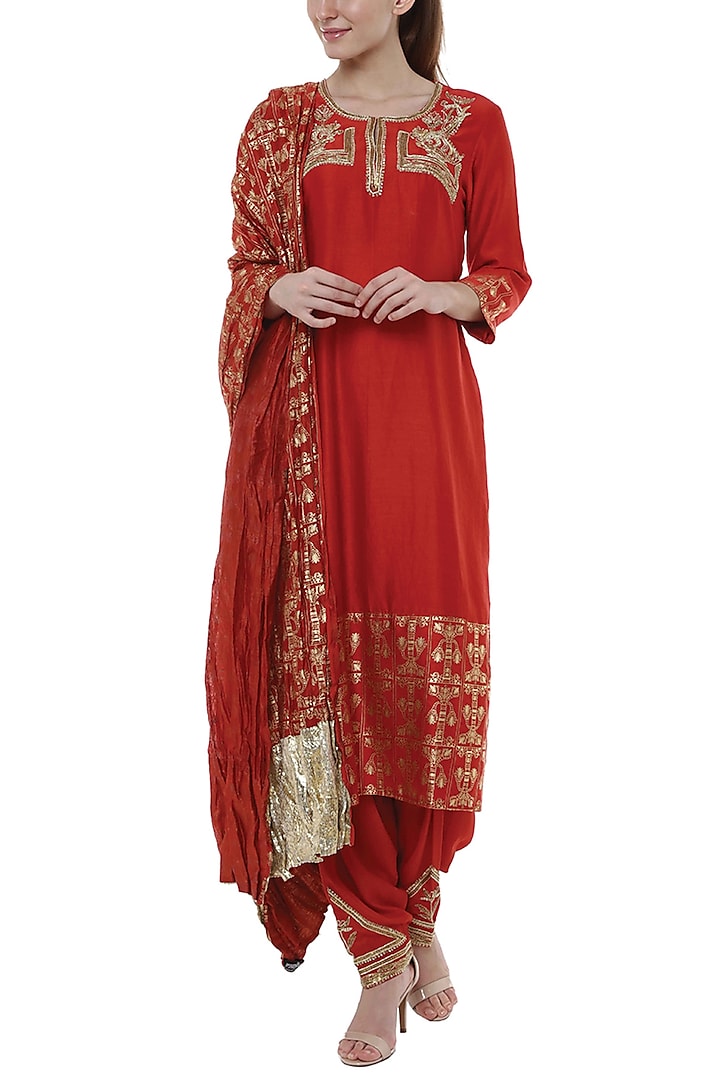 Scarlet Red Embroidered & Printed Kurta Set by Masaba
