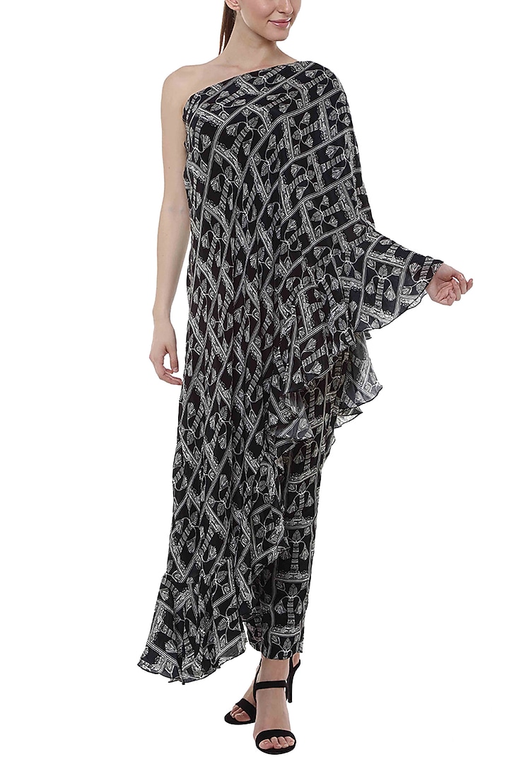 Black Monochrome Tree Printed One Shoulder Tunic With Pants by Masaba