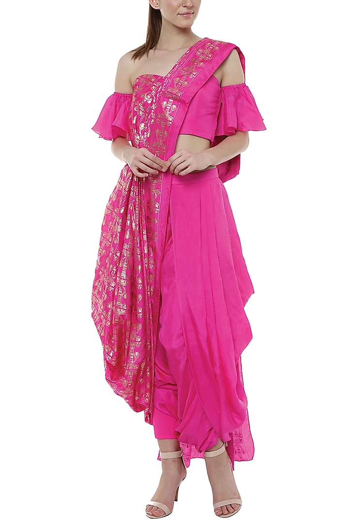 Rani Pink & Cabaret Pink Printed Dhoti Saree Set by Masaba