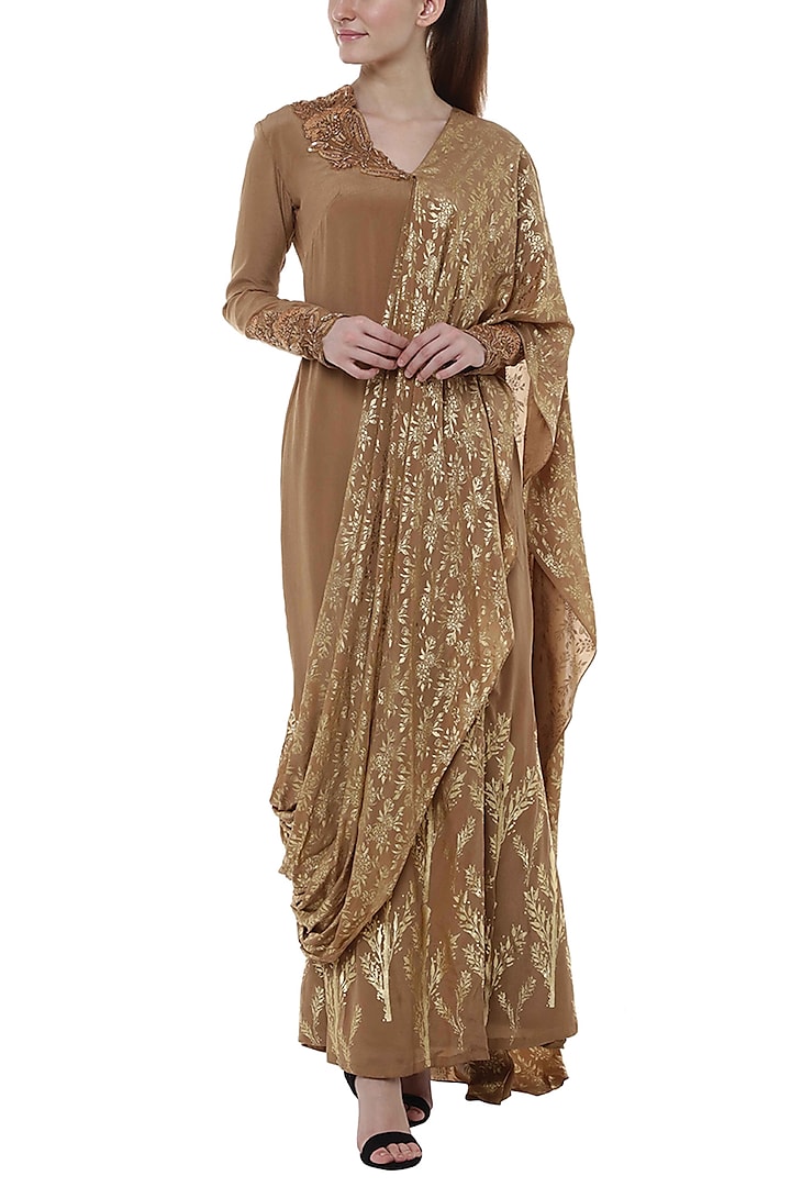 Brown Printed Saree Gown by Masaba