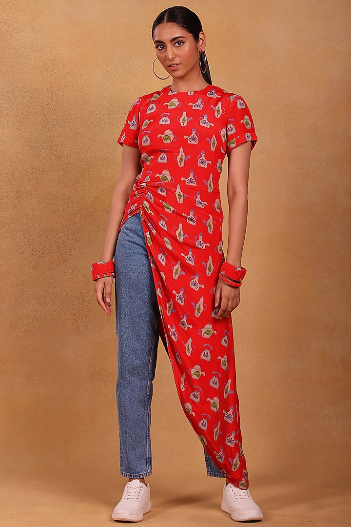 Red Crepe Ruched Top by Masaba