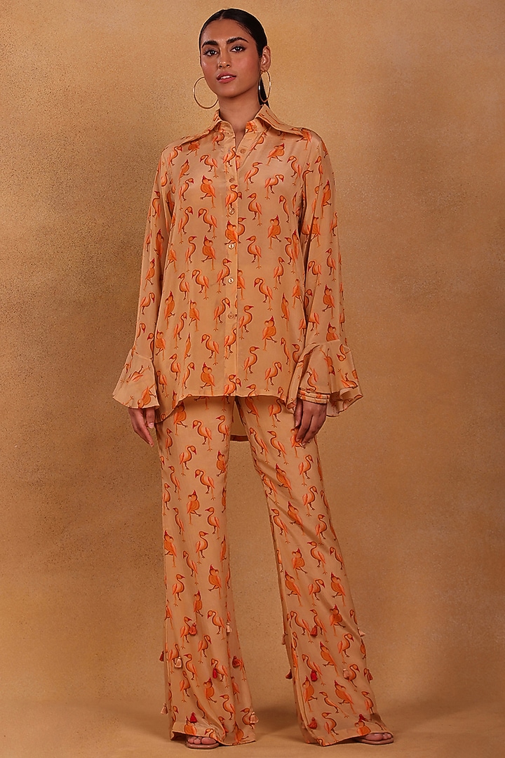 Beige Crepe Printed Bell Bottom Pant Set by Masaba at Pernia's Pop Up Shop