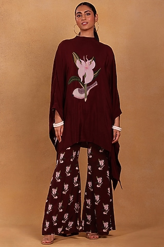 Maroon Crepe Printed Pant Set by Masaba