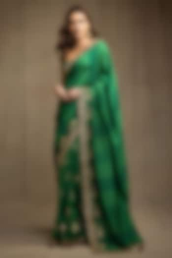 Green Raw Silk Foil Embellished Saree Set by Masaba