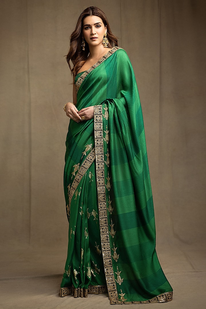 Green Raw Silk Foil Embellished Saree Set by Masaba