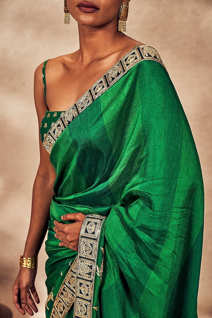 Green Raw Silk Foil Embellished Wedding Saree Set by Masaba at Pernia's Pop Up Shop
