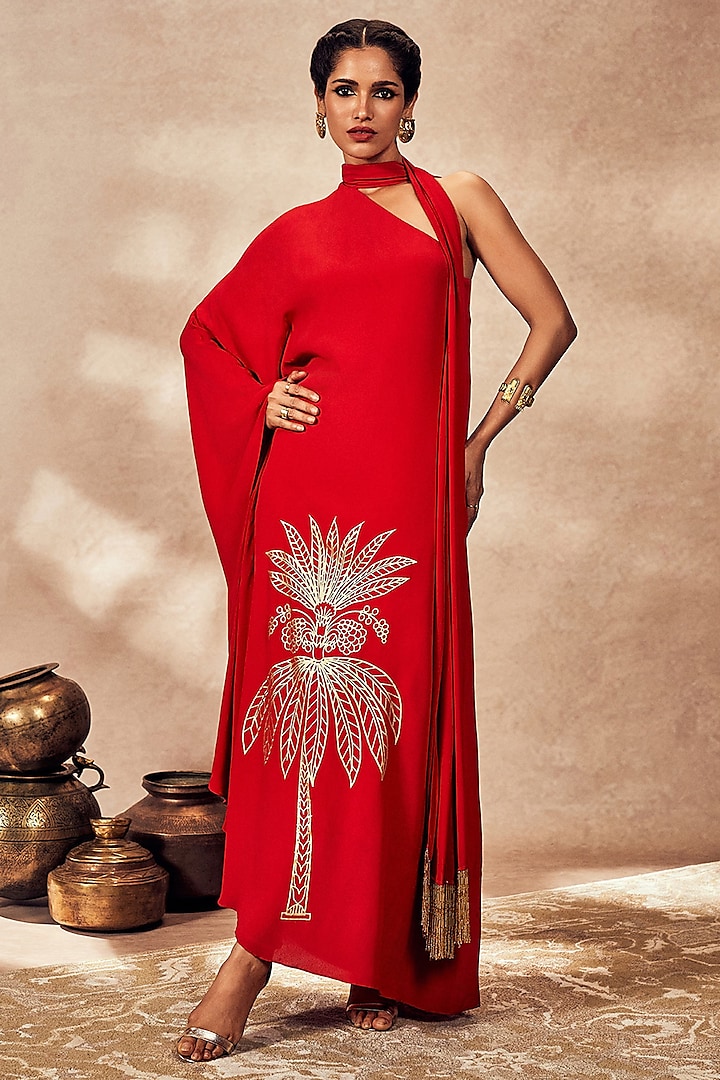 Red Crepe Silk Tropical Foil Printed One-Shoulder Asymmetrical Kaftan With Sash by Masaba at Pernia's Pop Up Shop