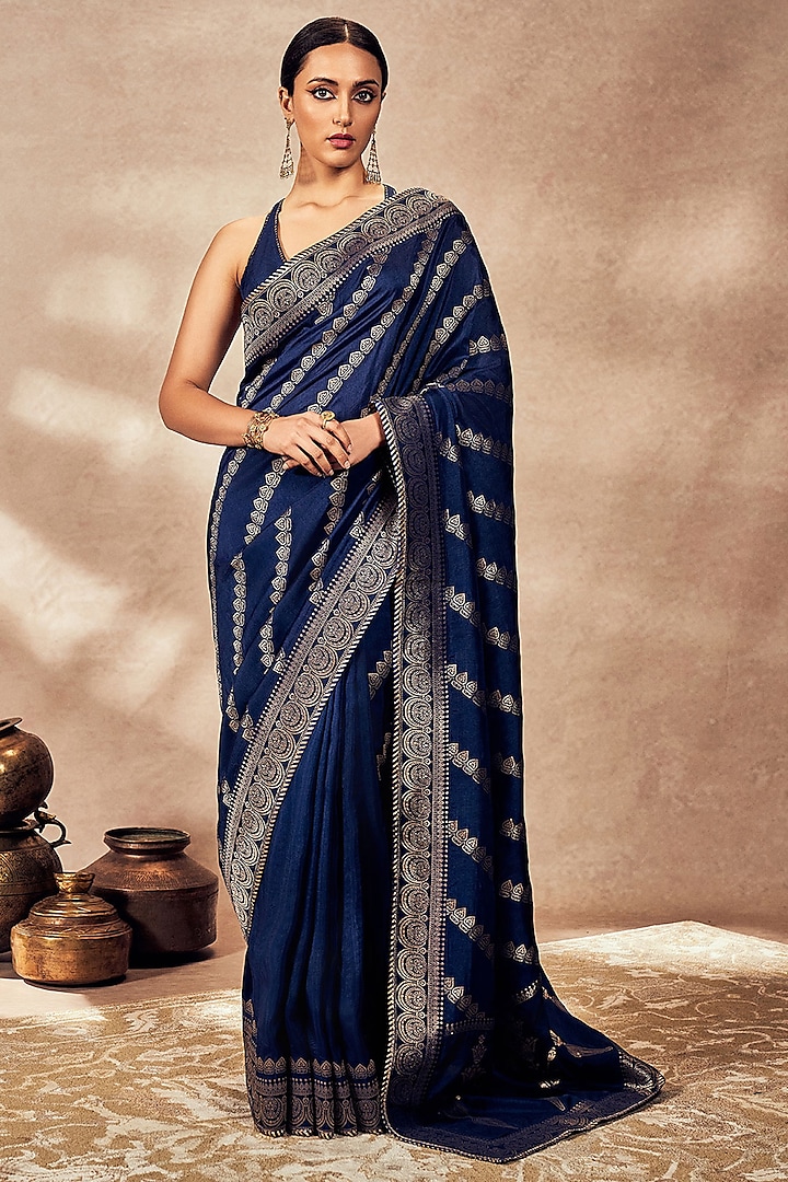 Navy Blue Jacquard Silk Pinstriped Saree Set by Masaba