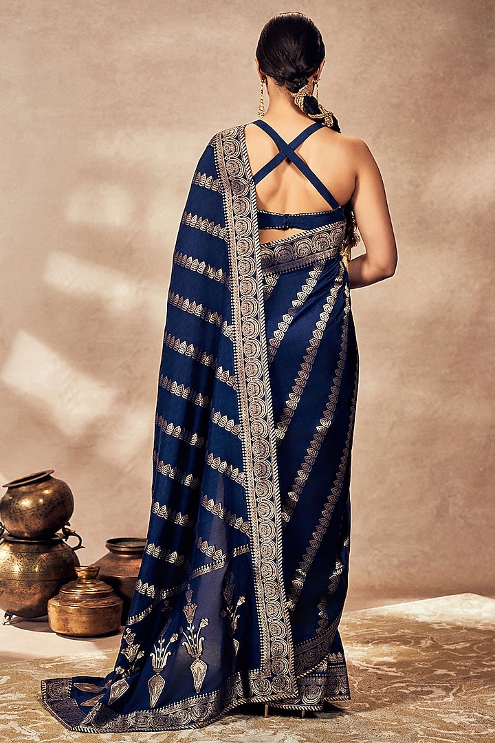 Navy Blue Jacquard Silk Pinstriped Wedding Saree Set by Masaba at Pernia's Pop Up Shop
