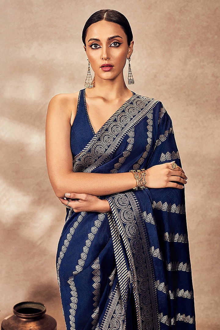Navy Blue Jacquard Silk Pinstriped Wedding Saree Set by Masaba at Pernia's Pop Up Shop