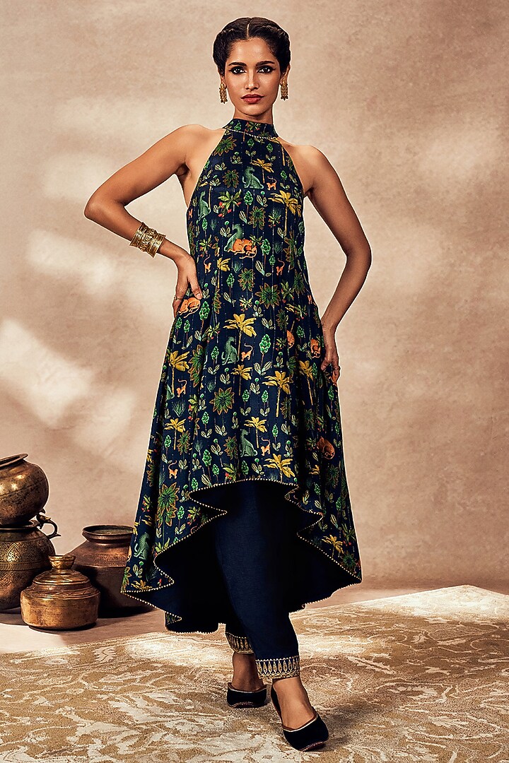 Blue Raw Silk Kinari Embellishment Asymmetrical Tunic Set by Masaba at Pernia's Pop Up Shop