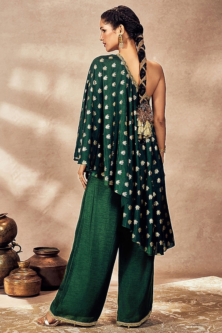 Green Raw Silk Kinari Gota Embroidered One-Shoulder Asymmetrical Tunic Set by Masaba at Pernia's Pop Up Shop