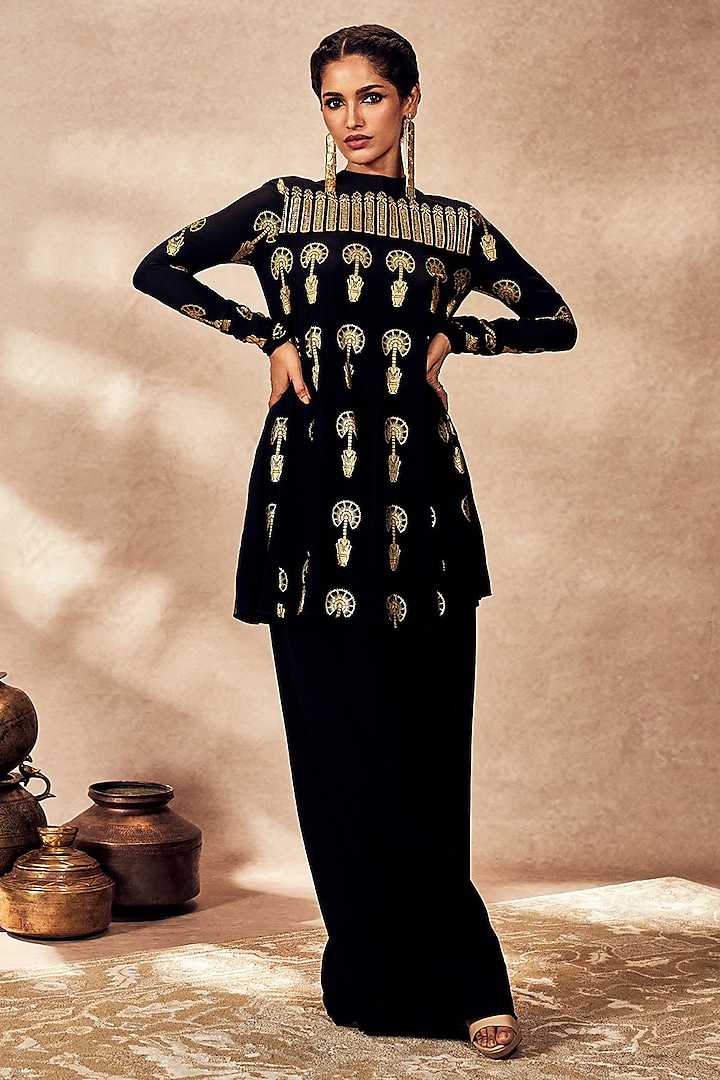 Black Crepe Silk Foil Printed & Sequin Embroidered A-Line Tunic Set by Masaba