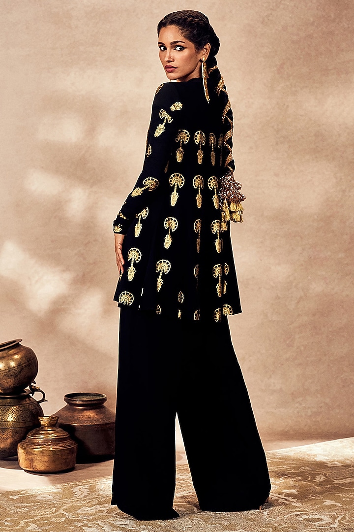 Black Crepe Silk Foil Printed & Sequin Embroidered A-Line Tunic Set by Masaba at Pernia's Pop Up Shop