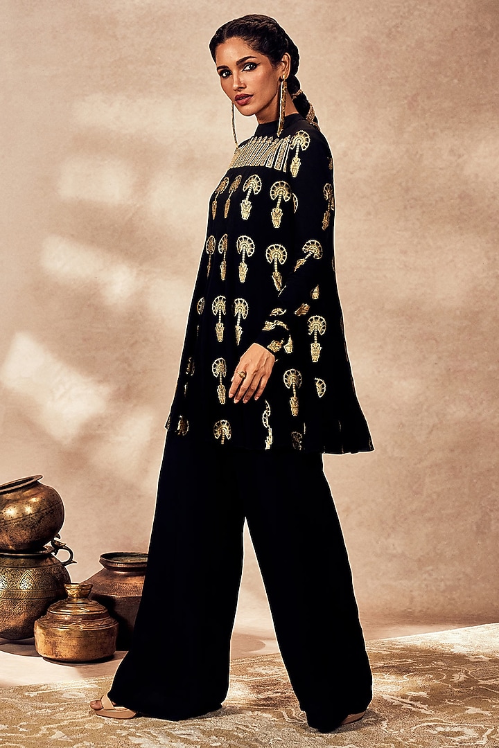 Black Crepe Silk Foil Printed & Sequin Embroidered A-Line Tunic Set by Masaba at Pernia's Pop Up Shop