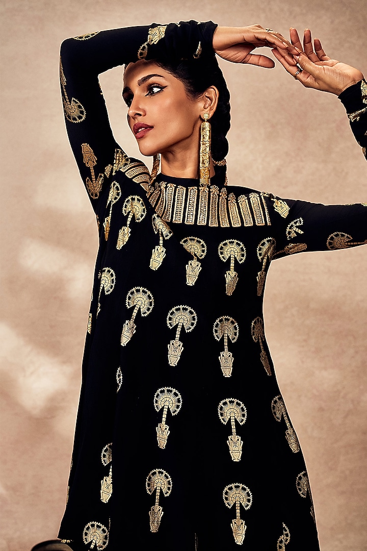 Black Crepe Silk Foil Printed & Sequin Embroidered A-Line Tunic Set by Masaba at Pernia's Pop Up Shop
