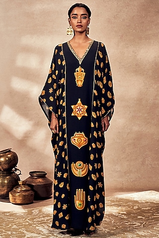 Black Crepe Silk Trinket Patchwork Kaftan by Masaba